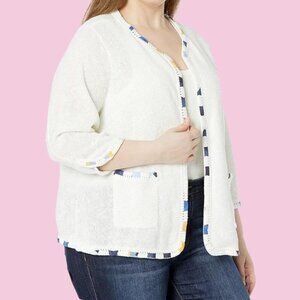 Nic+Zoe Womens Open Front Cardigan With Contrast Trim Wht  1Xlarge